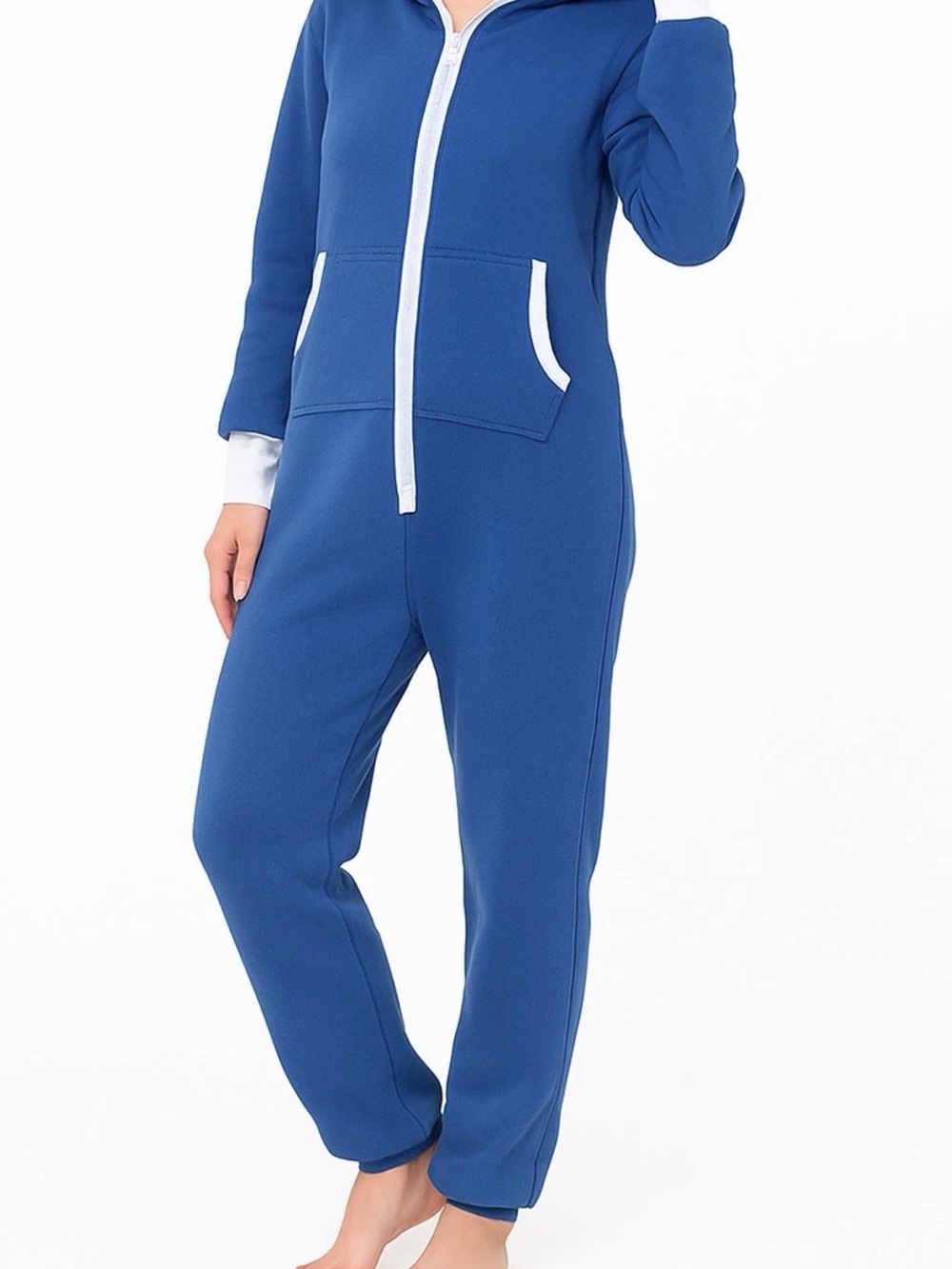 Cozy Women's Blue Hooded Onesie with Contrast Trim